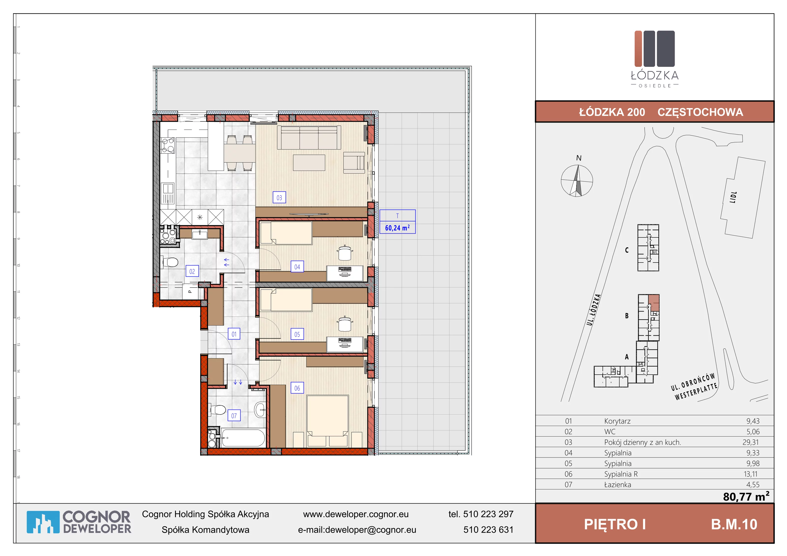 4 pokoje, mieszkanie 80,79 m², piętro 1, oferta nr B.M.10, Łódzka Osiedle, Częstochowa, Częstochówka-Parkitka, ul. Łódzka 198, 200, 202